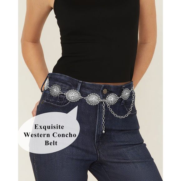 Western Concho Belts For Women Cowgirl Metal Waist Silver Chain Belt For Boho😇 - Picture 5 of 5